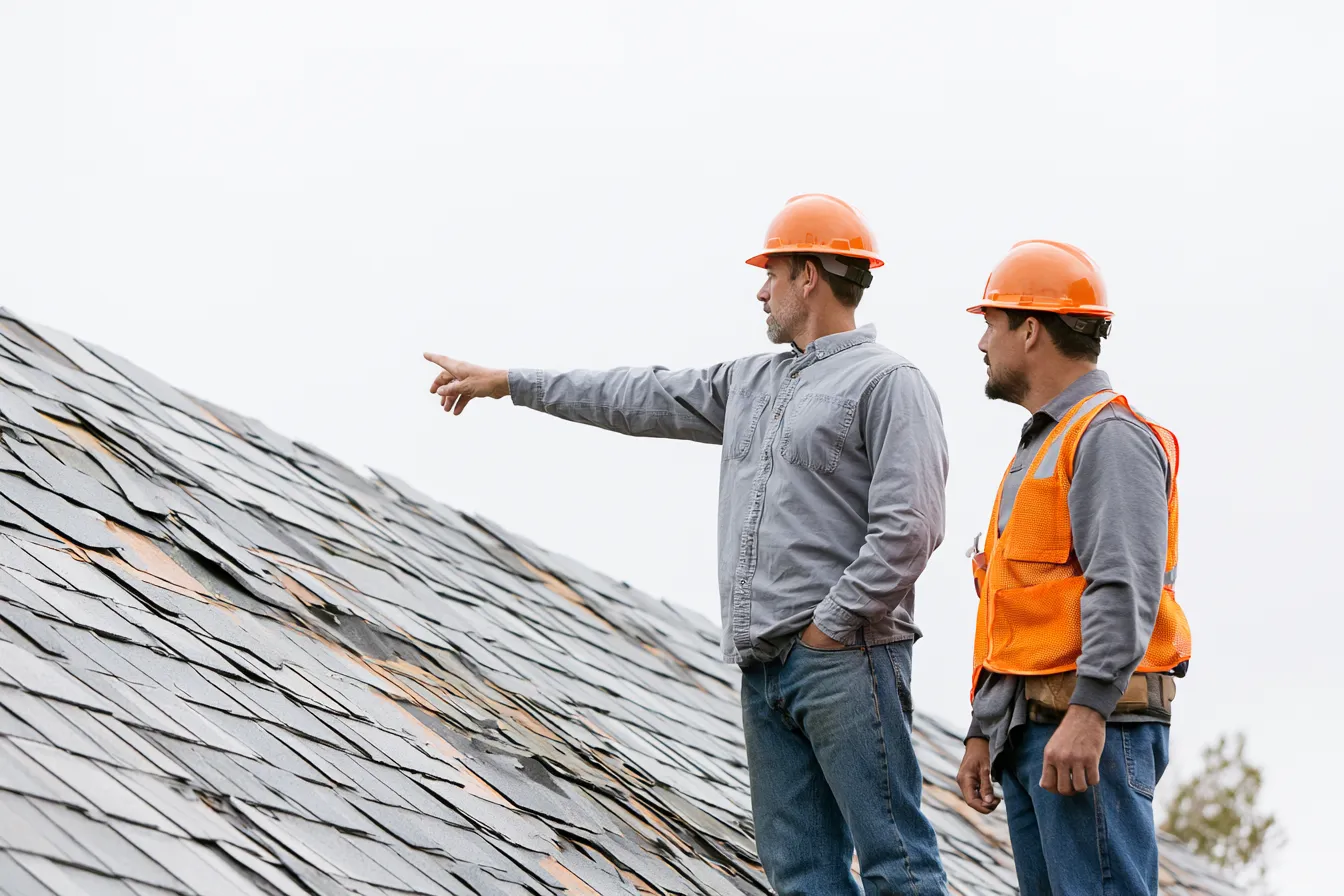 Two hard-hatted roofers stand on a damaged shingle roof inspecting the surface