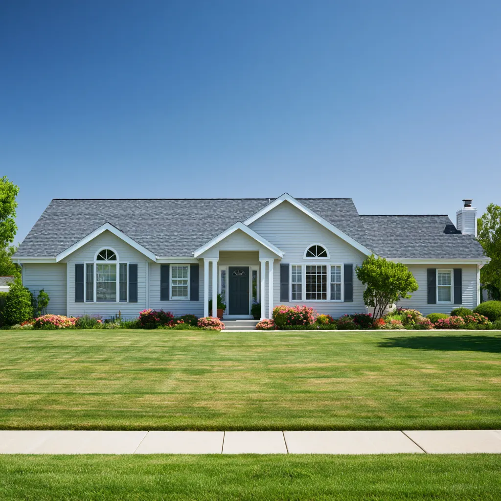 Gray asphalt shingle roof on a single-story home with wide front lawn