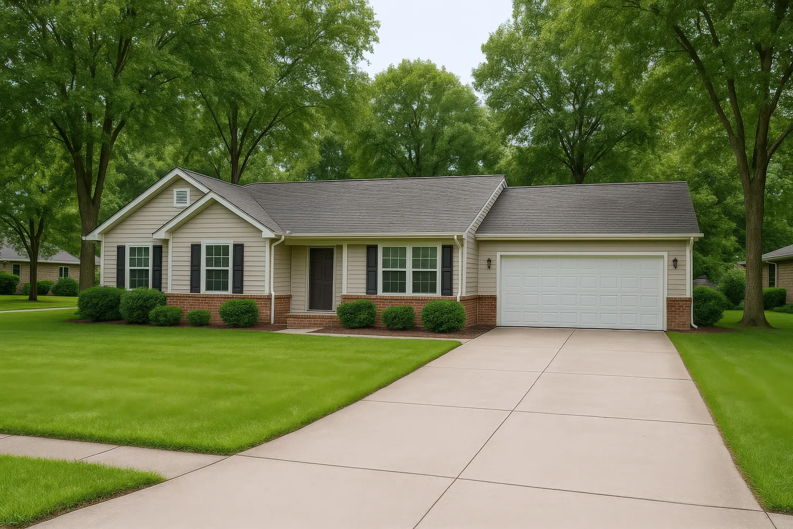 Brick accented beige ranch home beneath a gray shingle roof